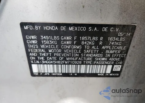 2015 Honda Fit Ex z USA, uszkodzony, nr VIN 3HGGK5H82FM710928